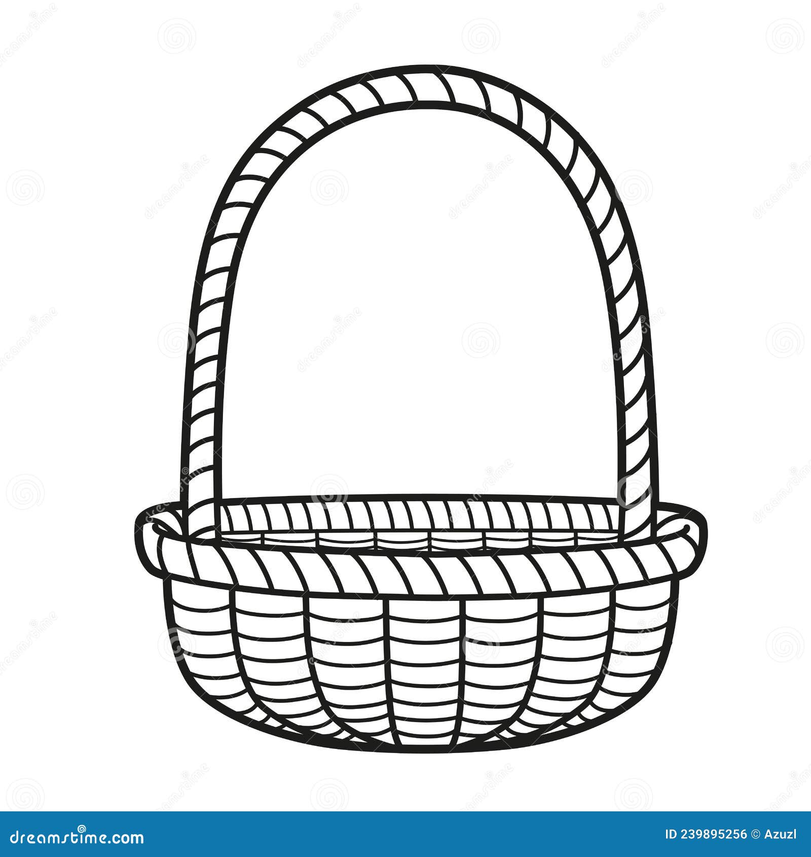 Empty wicker basket with large handle outlined for coloring book on white stock vector