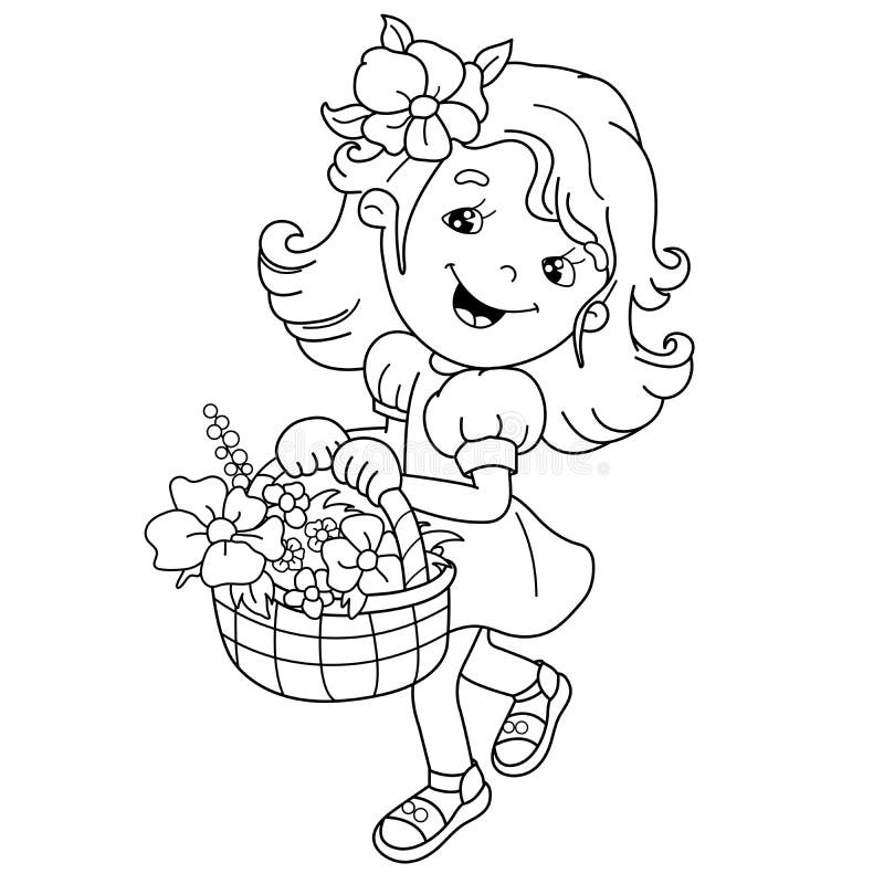Coloring page outline of cartoon girl with a basket of flowers summer activity stock vector