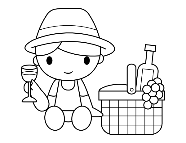Printable wine and grapes picnic basket coloring page