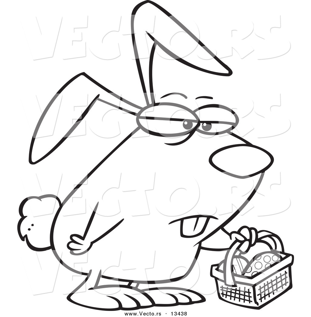 R of a cartoon grumpy easter bunny with a basket