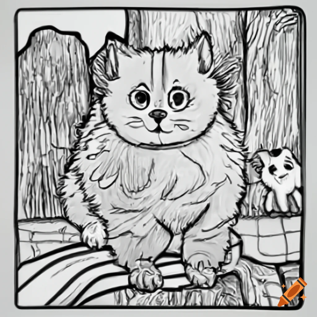Outline coloring book page of benny the fluffy dog and kittens playing on