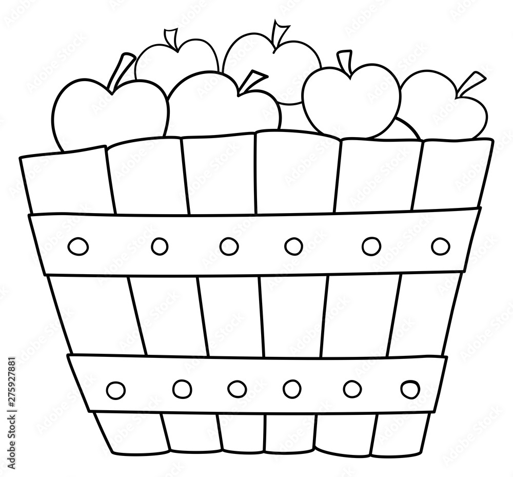 Wooden basket with apples outline vector illustration coloring book for children vector