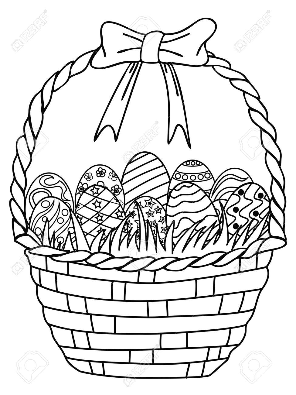 Isolated hand drawn basket of easter eggs outlinecoloring page on white background royalty free svg cliparts vectors and stock illustration image
