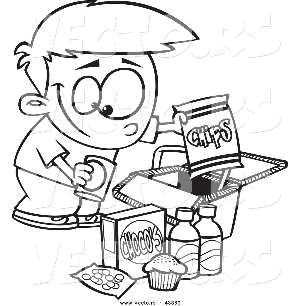 R of a happy cartoon boy packing junk food into a picnic basket