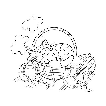 Coloring page outline of a cat sleeping in a basket stock clipart royalty