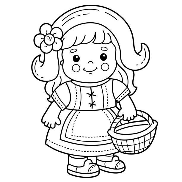 Coloring page outline of cartoon cute girl with basket little red riding hood fairy tale hero coloring book for kids stock illustration