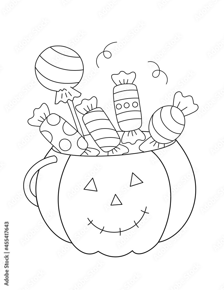 Halloween coloring page for kids pumpkin basket full of candies and sweets black and white outline illustration you can print it on x inch paper illustration