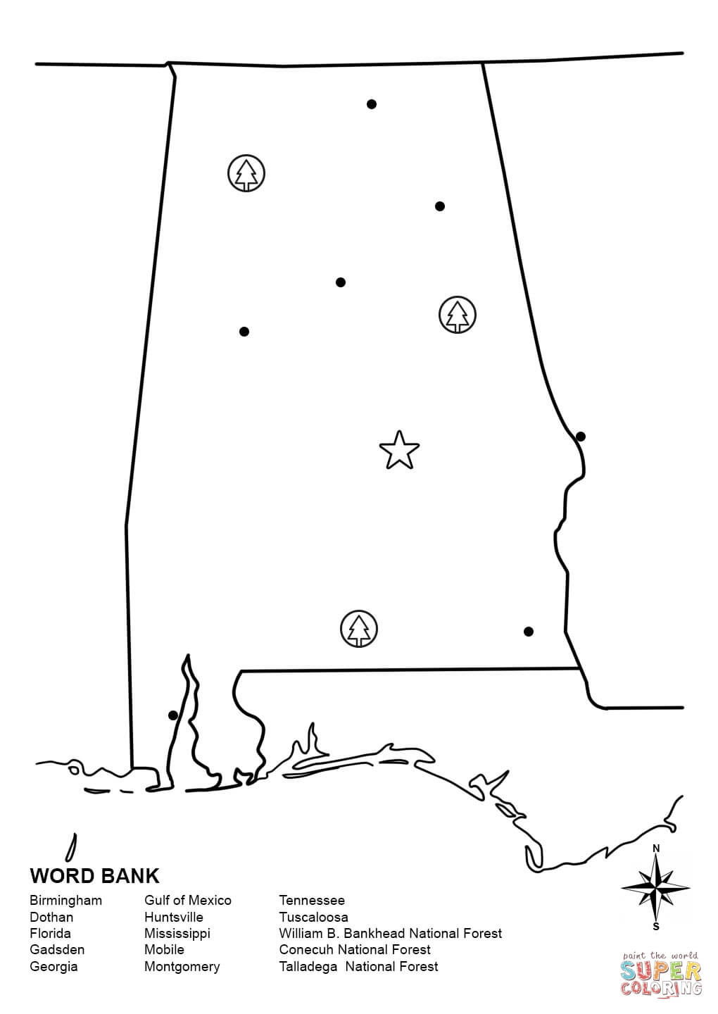 Alabama map worksheet coloring page free printable coloring pages