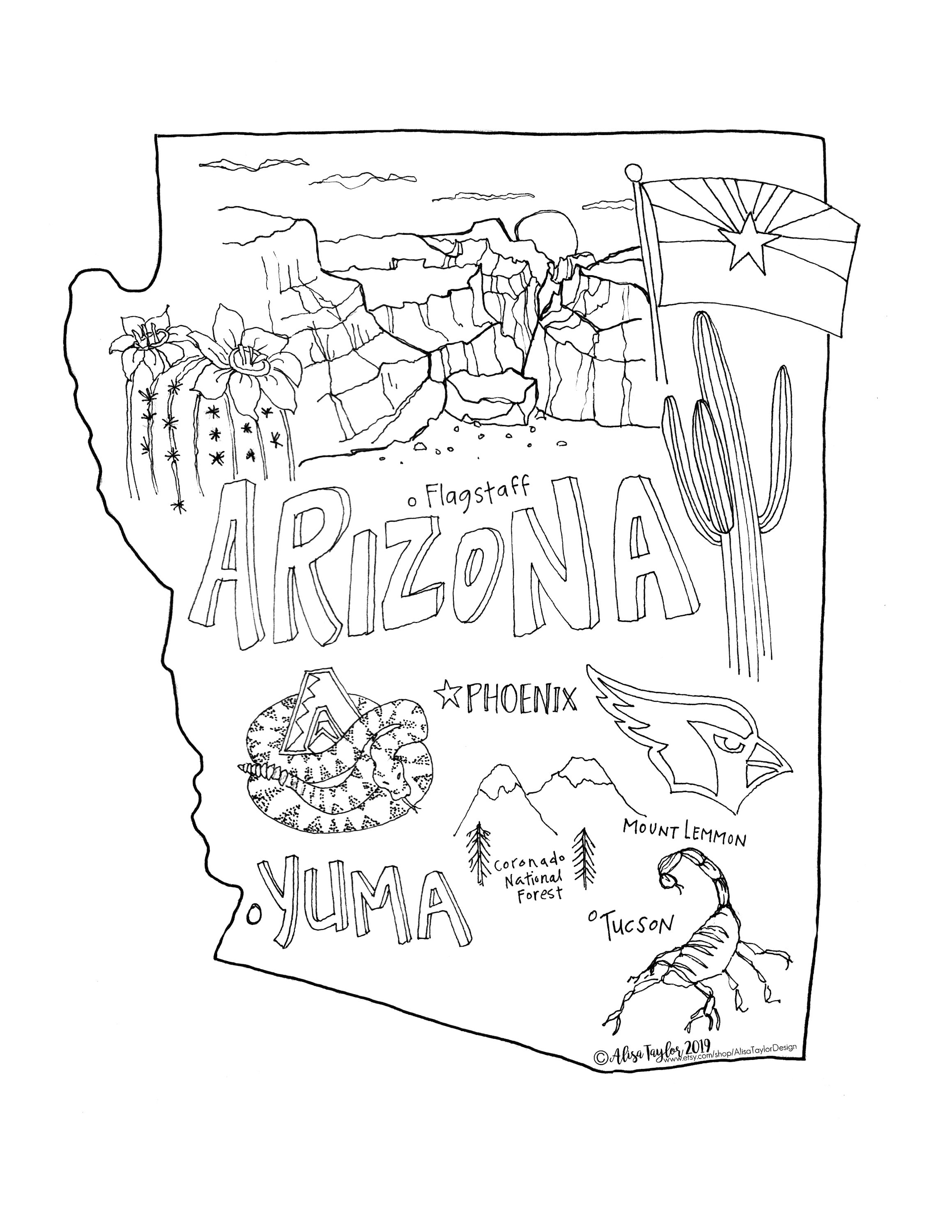 Arizona state coloring page instant download x blank coloring page bullet journal color page