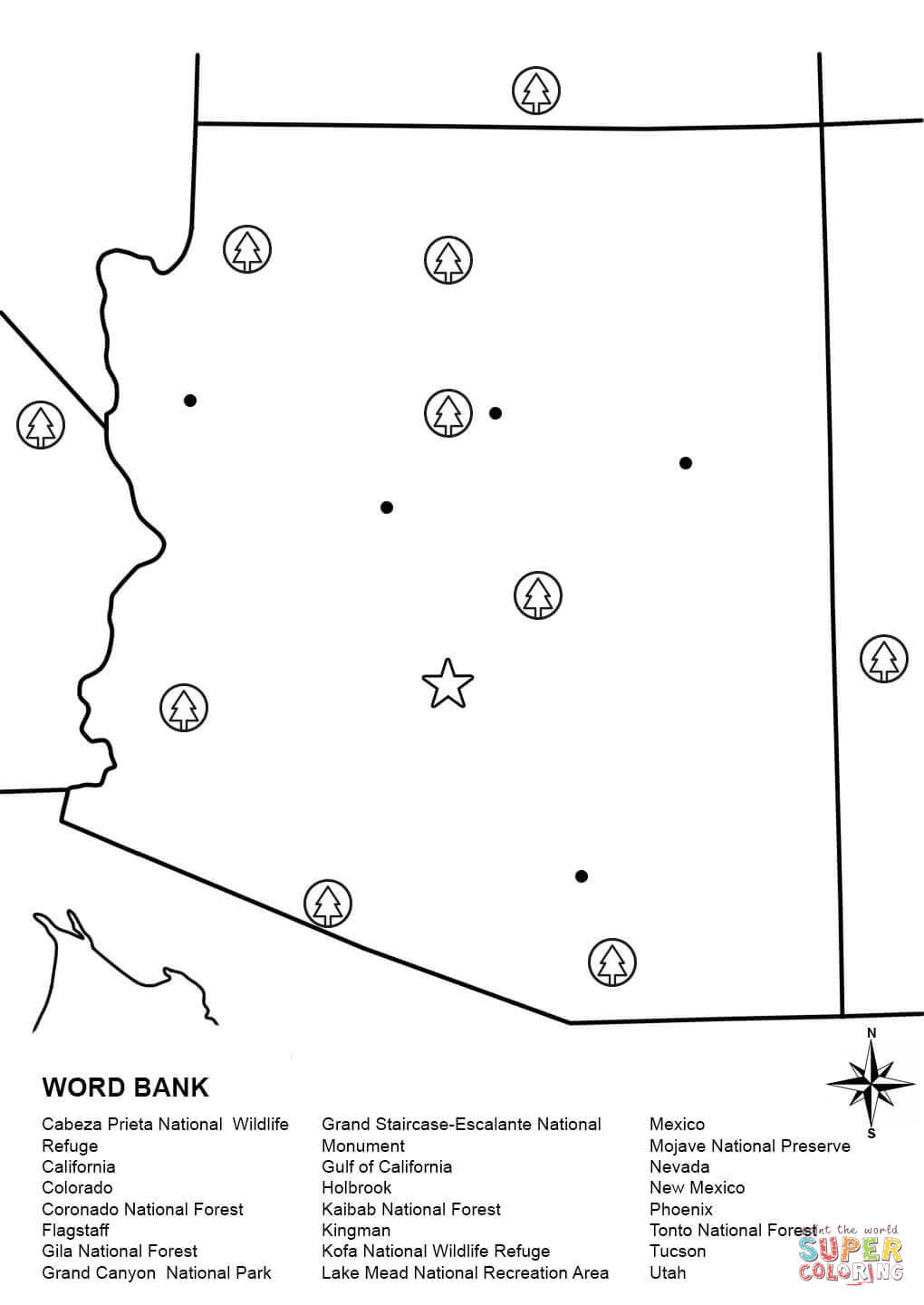 Arizona map worksheet coloring page free printable coloring pages