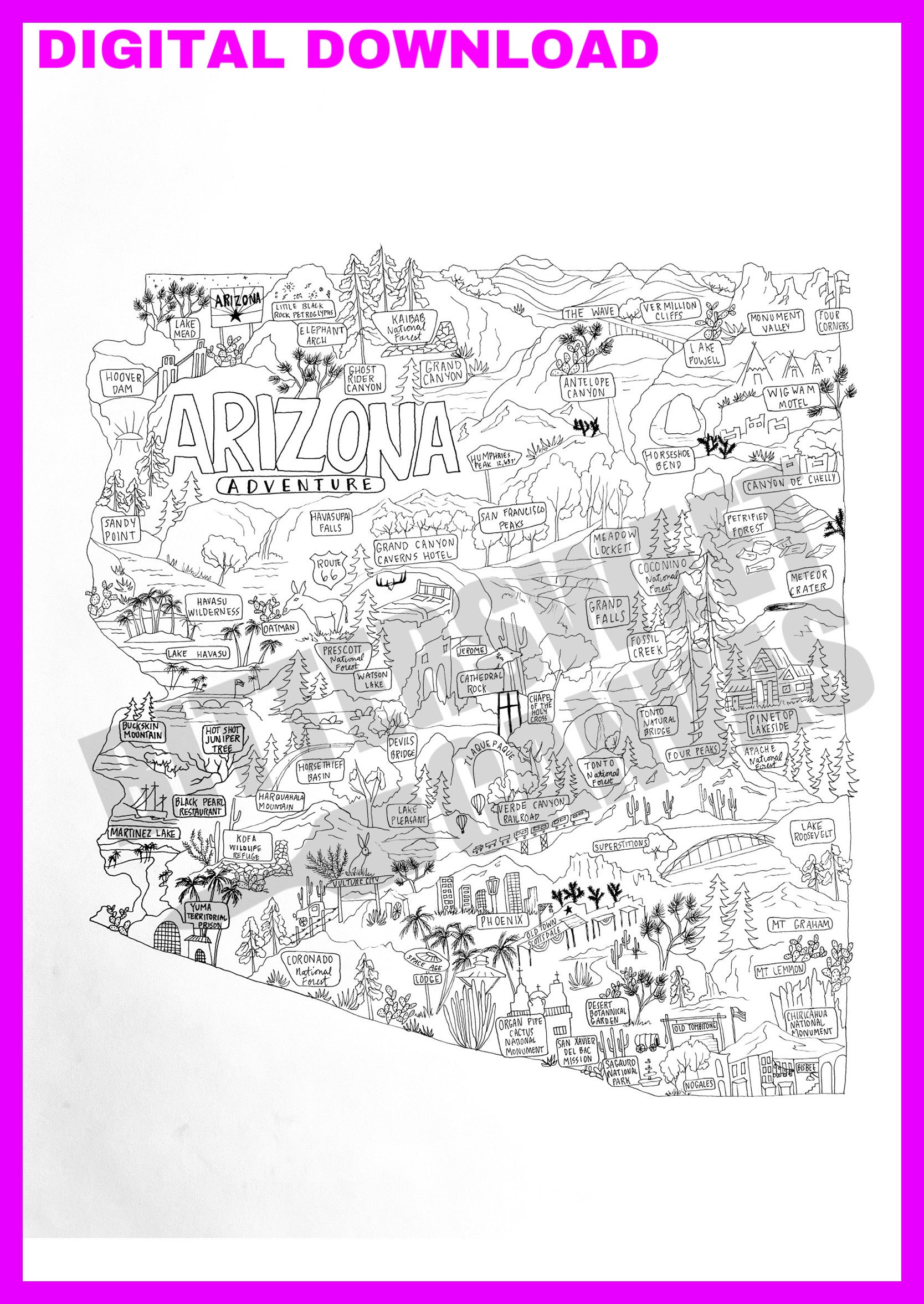 Arizona adventure map coloring page digital download â bittersweet canvas