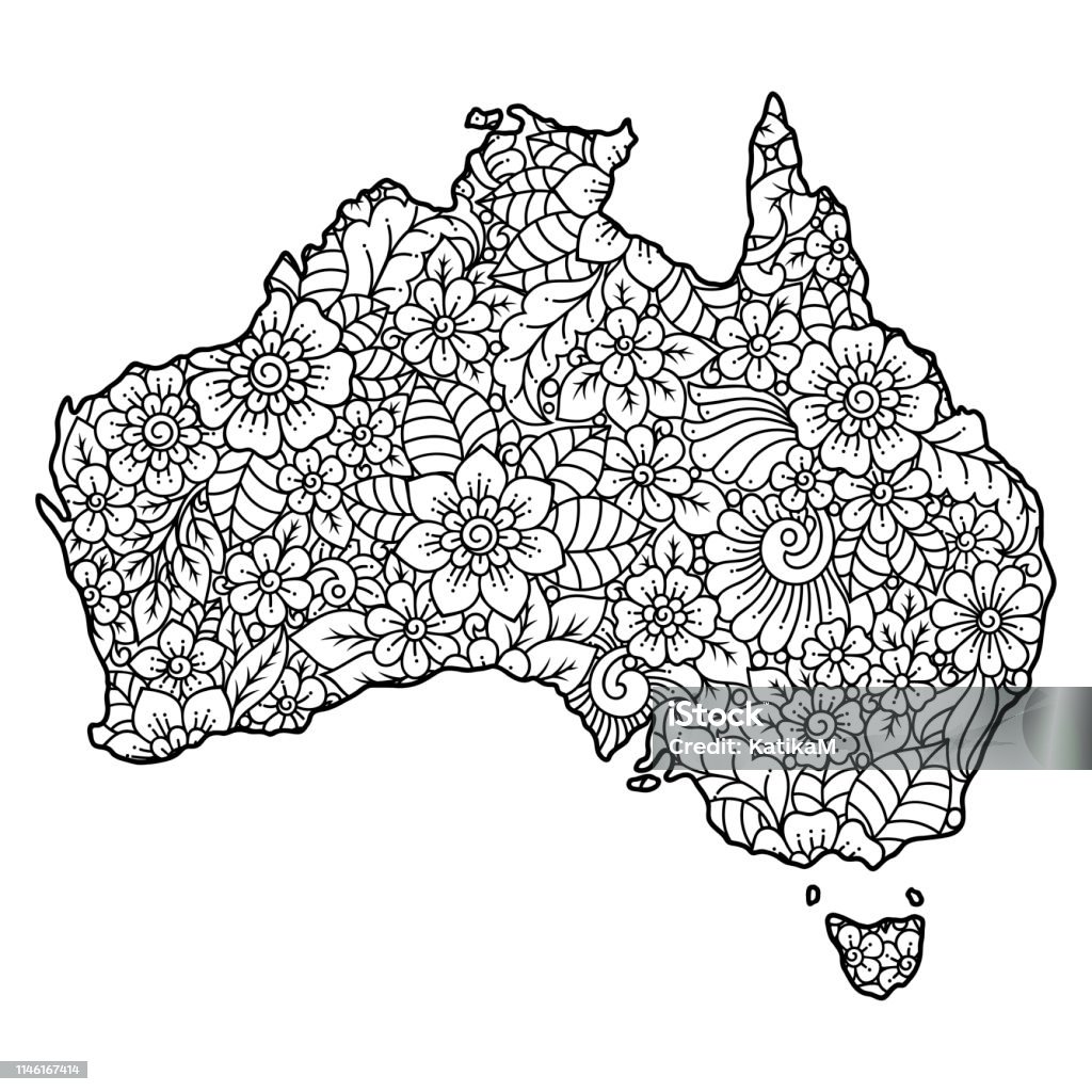 Outline map of australia filled with a highdetailed floral pattern flower ornament in oriental mehndi style doodle coloring book page stock illustration