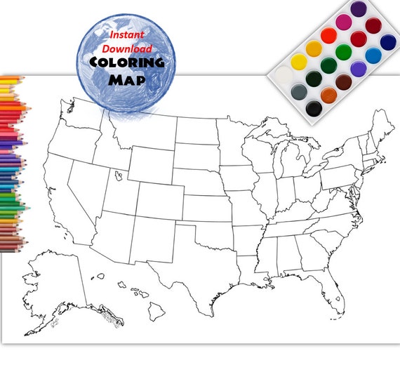 Coloring map usa coloring page usa outline plain no labels blank map x inches and x cm instant download map