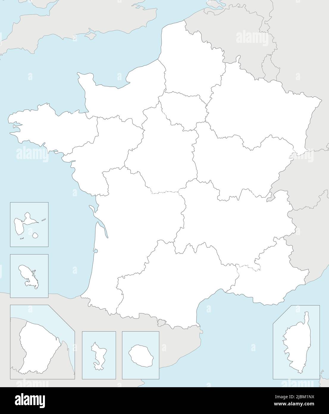 Vector blank map of france with regions and territories and administrative divisions and neighbouring countries editable and clearly labeled layers stock vector image art