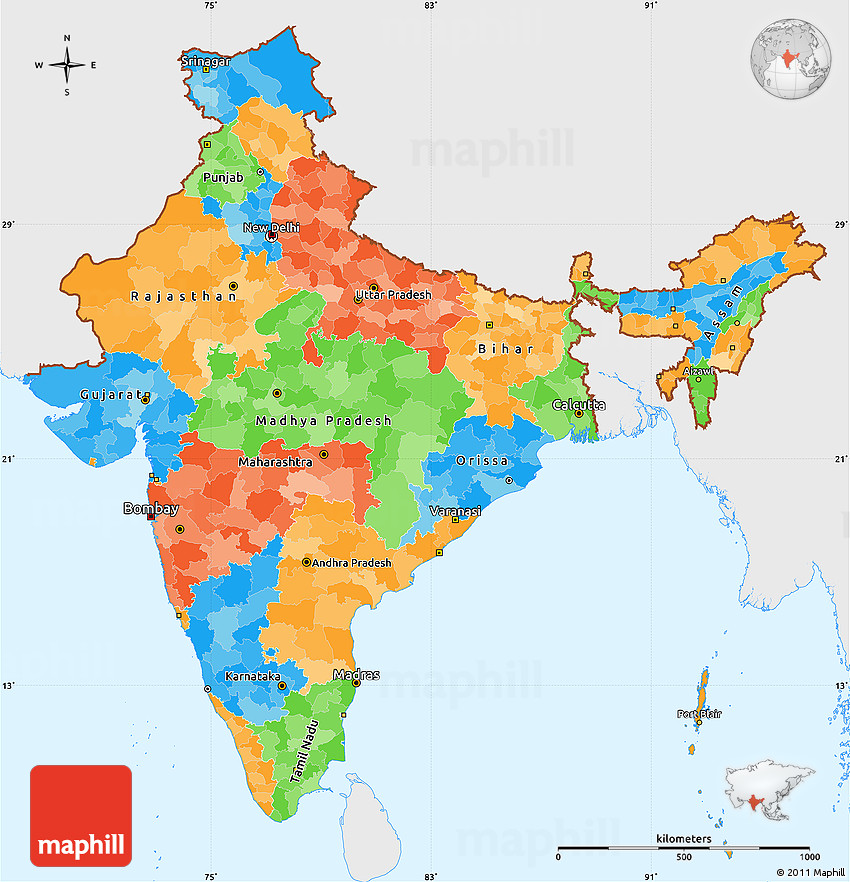 Political simple map of india single color outside