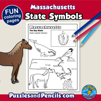 Massachusetts symbols coloring pages with map and state flag state symbols