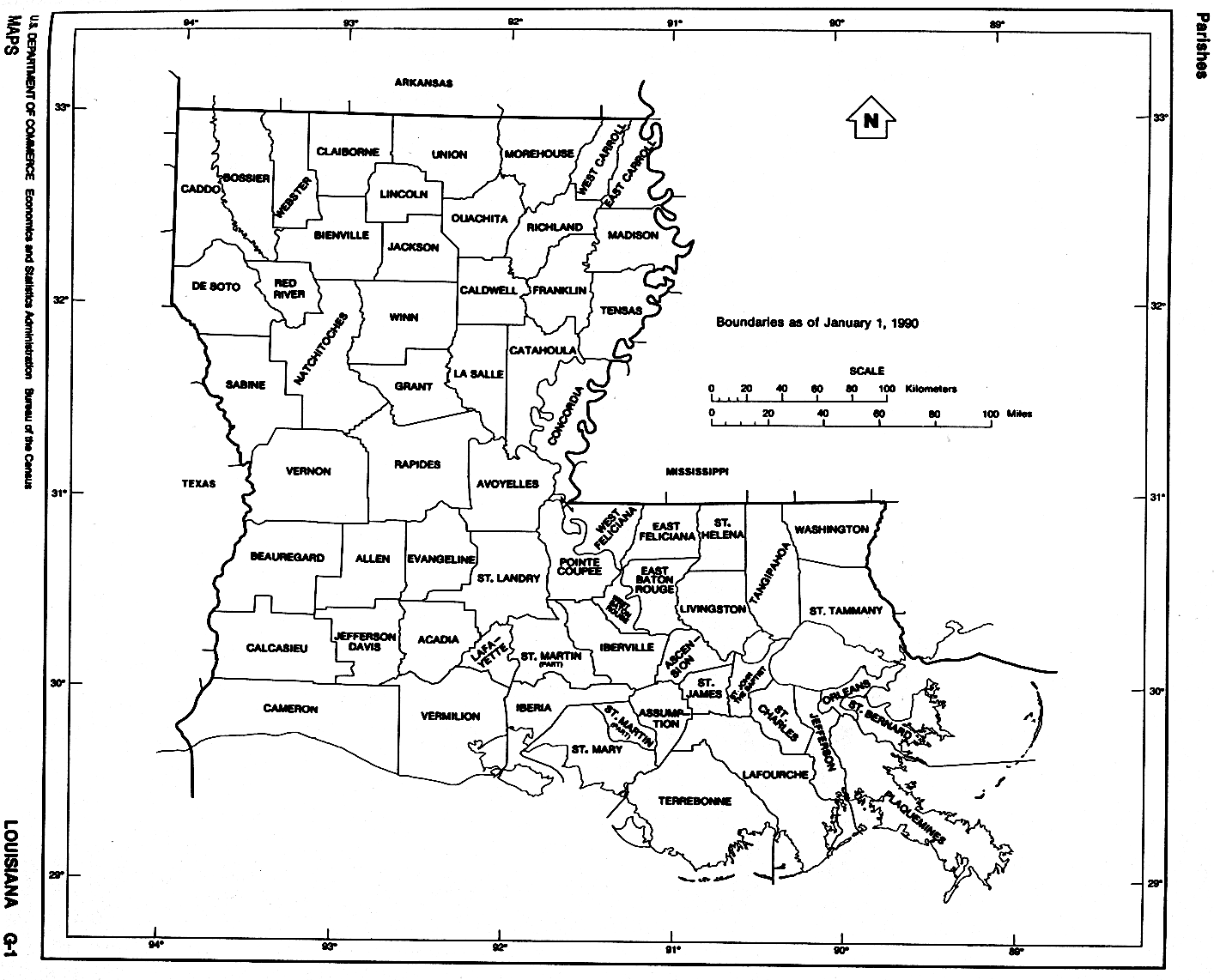 Louisiana state map with outline and location of each parish in la printable free