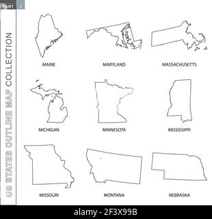 Outline maps of us states collection nine black lined vector map of nevada new hampshire new jersey new mexico new york north carolina north da stock vector image art