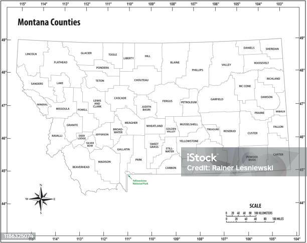 Montana state outline administrative and political vector map in black and white stock illustration