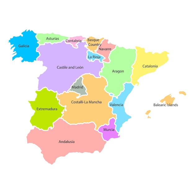 Premium vector spain map background with regions region names and cities in color spain map isolated on white