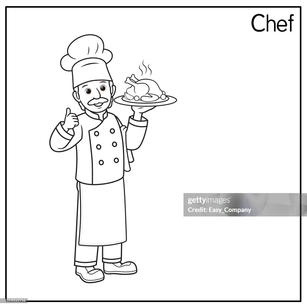 Vector illustration of chef cook isolated on white background jobs and occupations concept cartoon characters education and school kids coloring page printable activity worksheet flashcard high