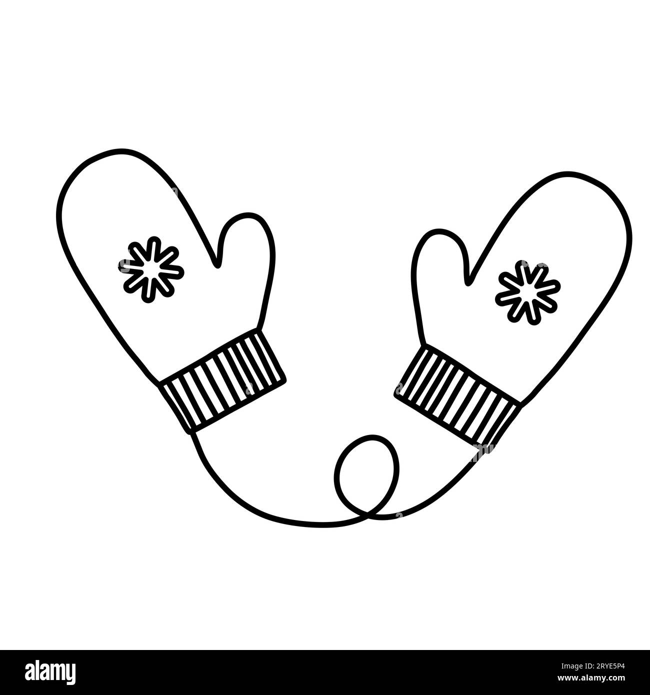 Pair of cute warm knitted mittens with snowflake pattern doodle style flat vector outline illustration for kids coloring book stock vector image art