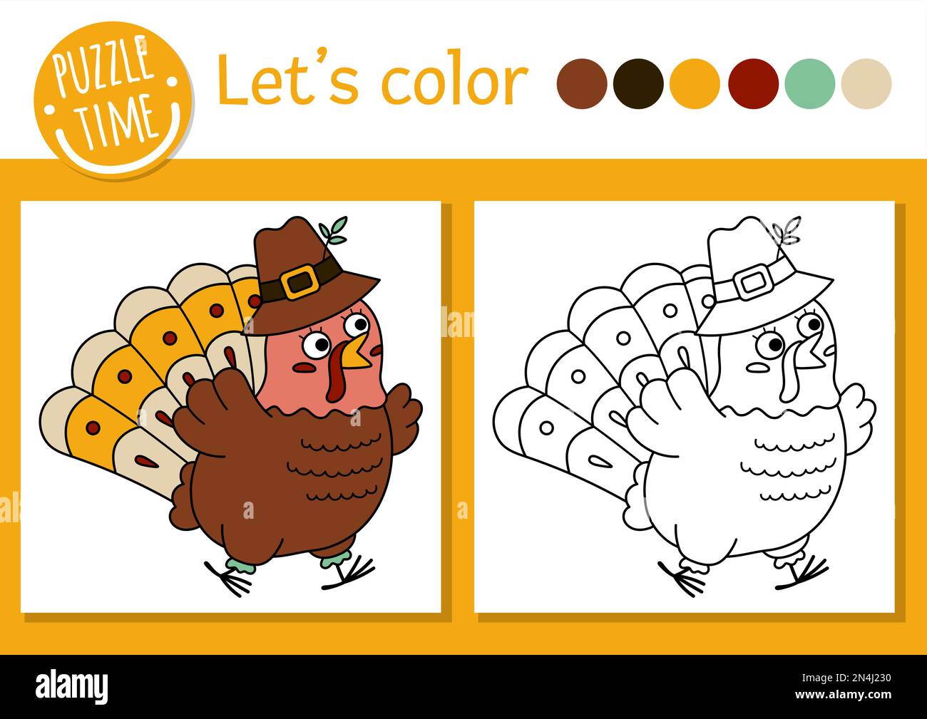 Thanksgiving coloring page for children with turkey vector autumn holiday outline illustration with cute bird adorable fall color book for kids with stock vector image art