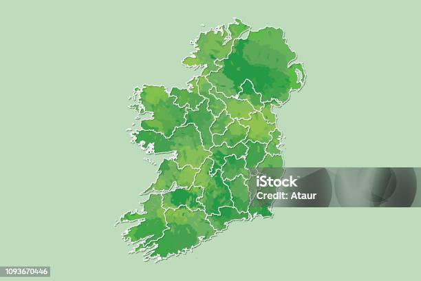 Ireland watercolor map vector illustration of green color with border lines of different regions or counties on light background using paint brush in page stock illustration