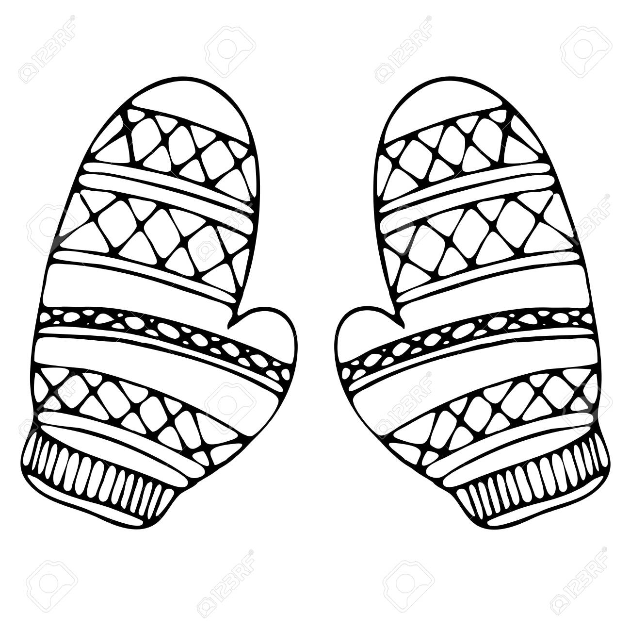 Warm knitted mittens freehand drawing element in doodle style coloring book black outline royalty free svg cliparts vectors and stock illustration image