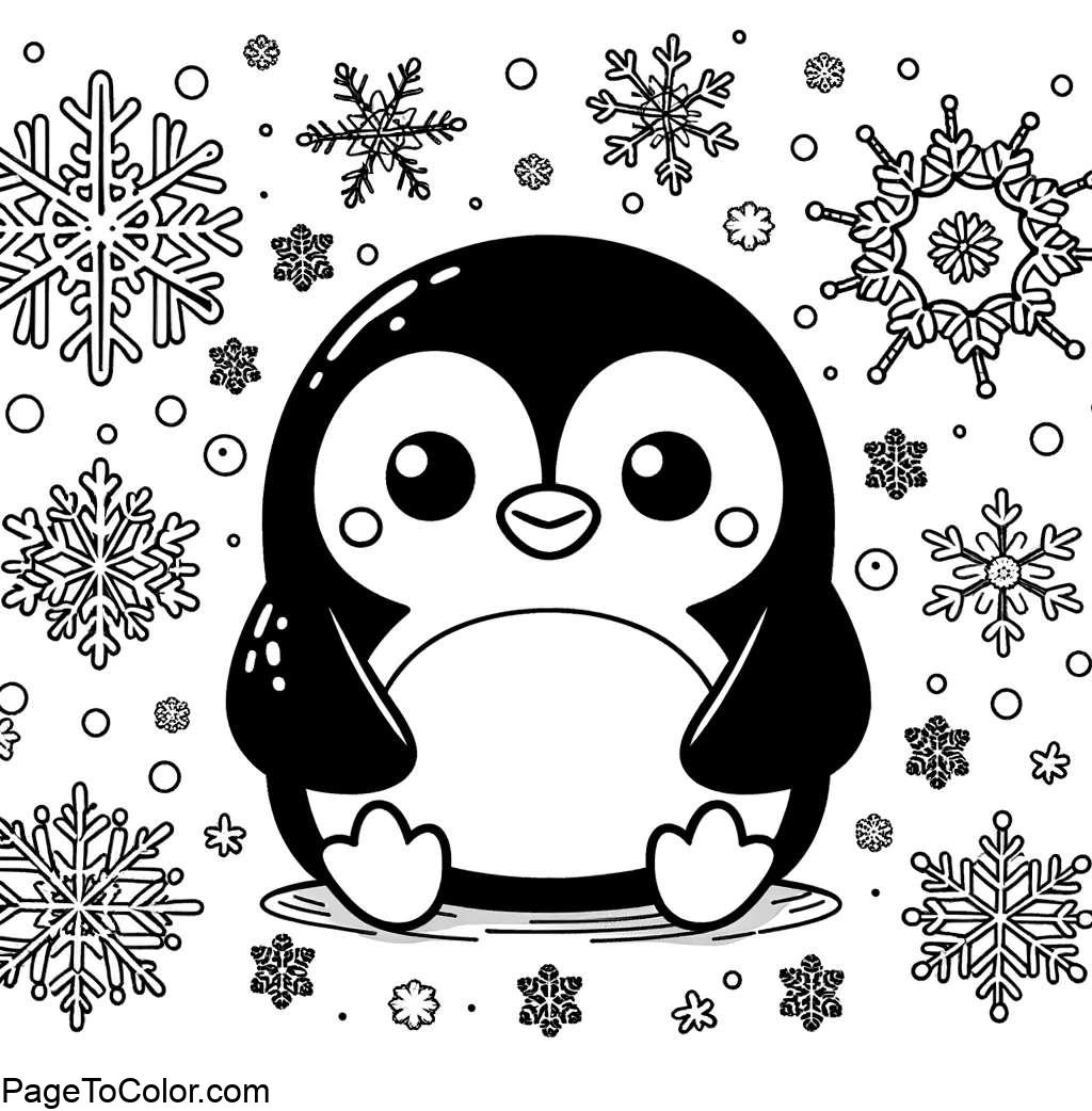 Free printable penguin with simple snowflakes coloring page