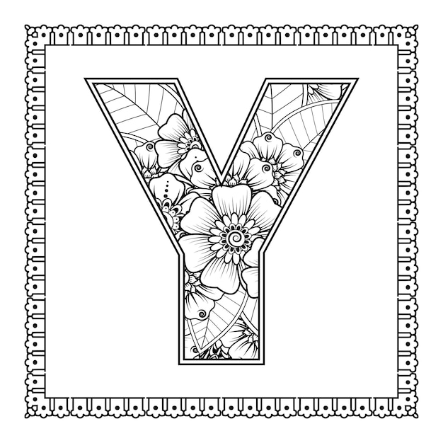 Premium vector letter y made of flowers in mehndi style coloring book page outline handdraw vector illustration