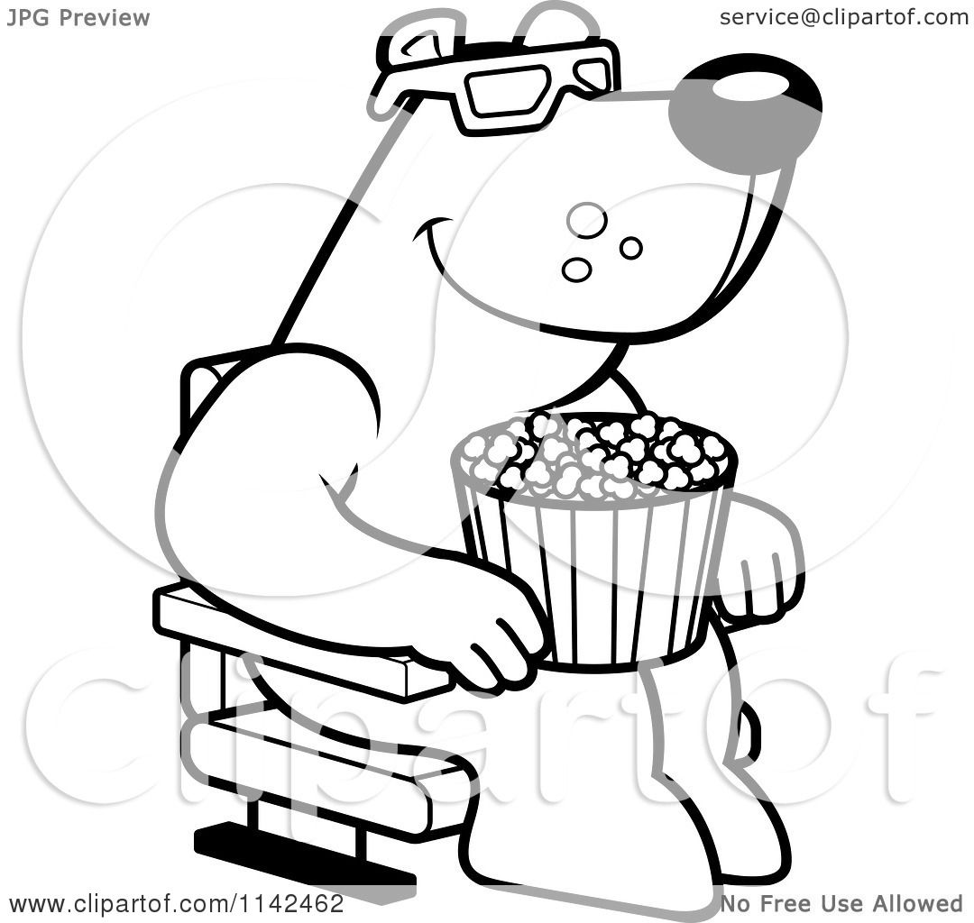 Cartoon clipart of a black and white bear eating popcorn and watching a d movie at the theater