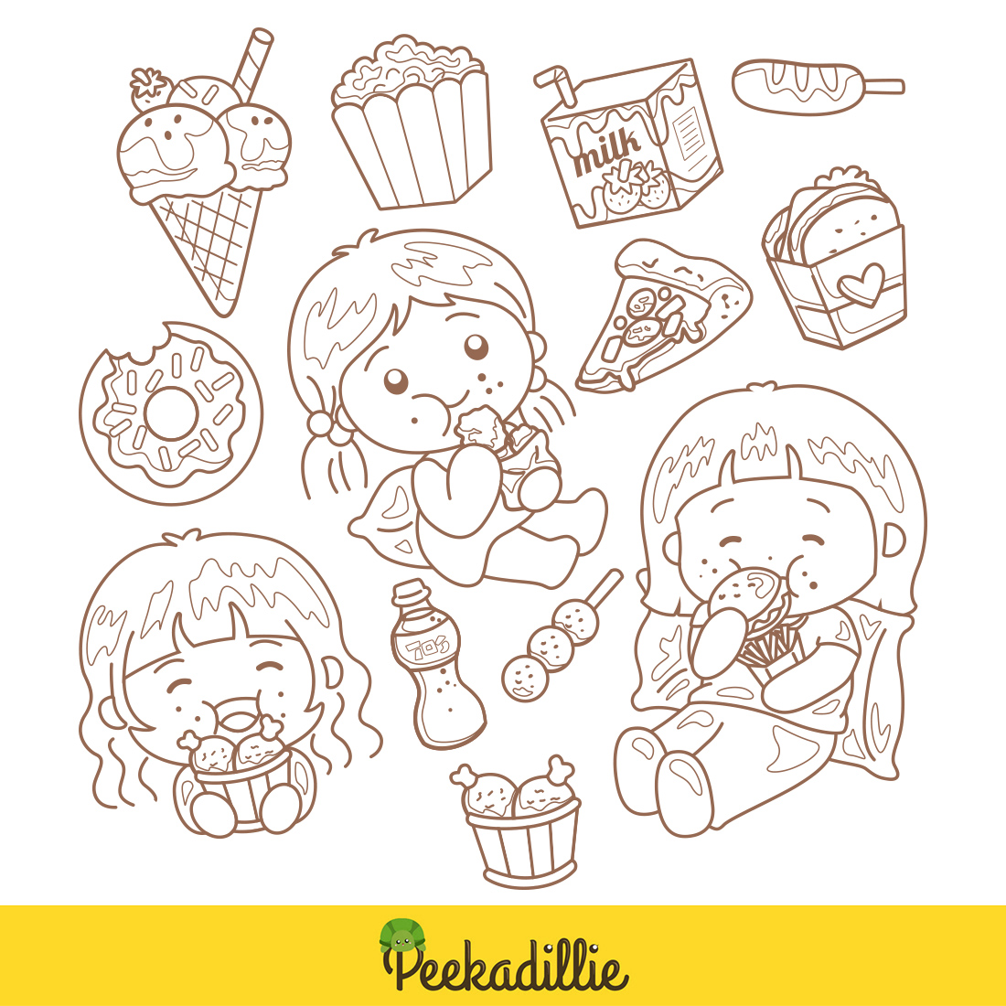 Cartoon girl kids lets love like to eat food and drink with happy popcorn sandwich chicken ice cream donut milk digital stamp outline black and white