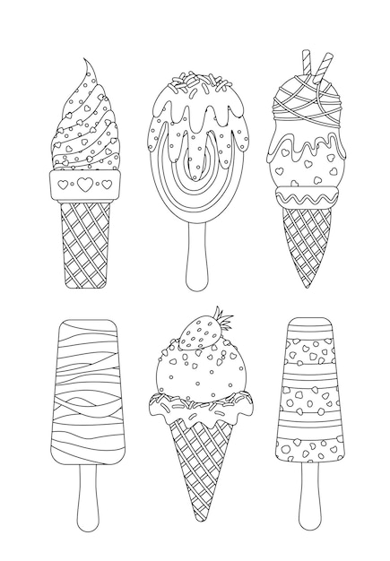 Premium vector ice cream coloring page set waffle cone popsicle soft serve stick outline vector