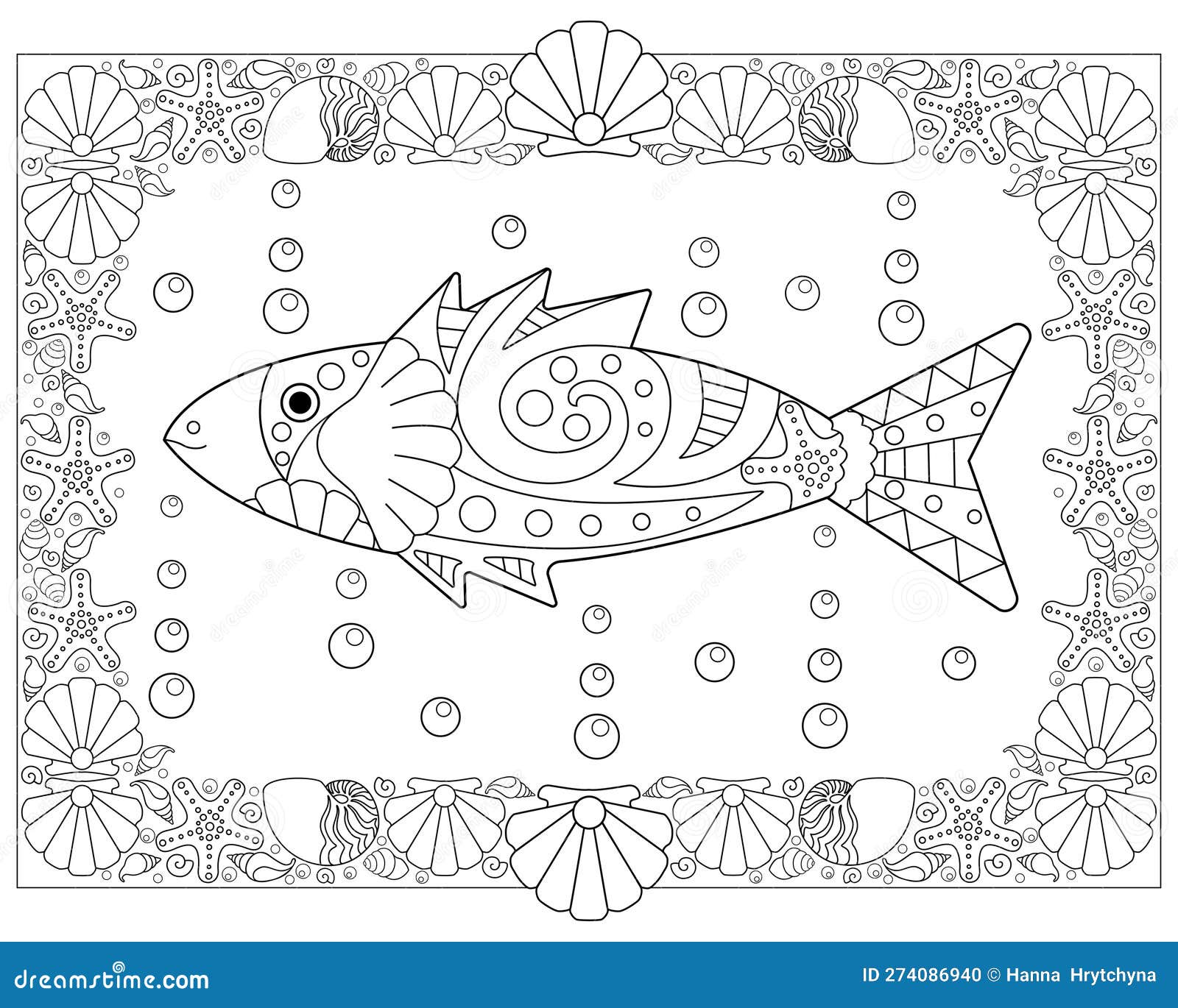 Antistress coloring book with fish and shells frame