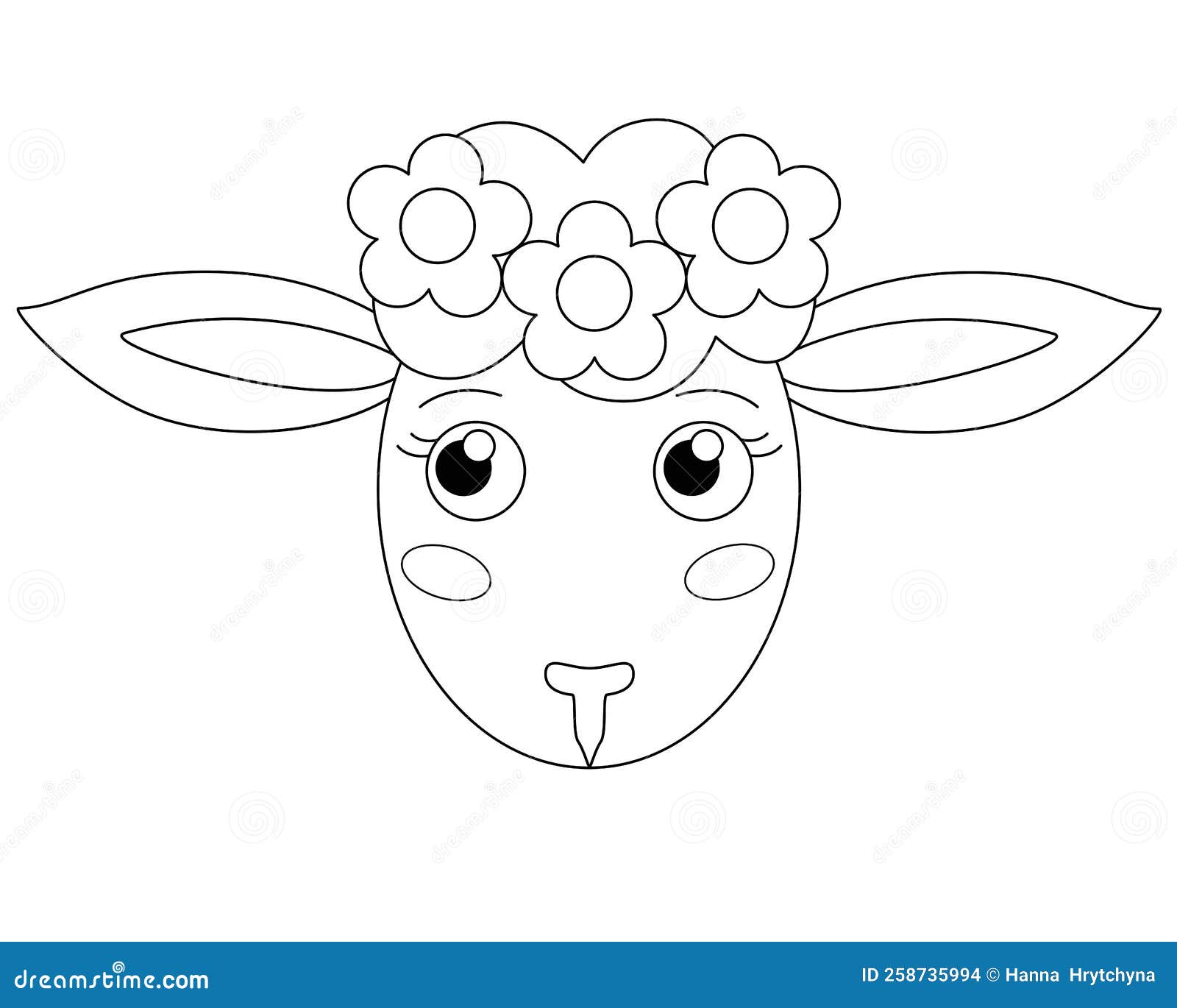 Cute muzzle of a cartoon sheep with a wreath