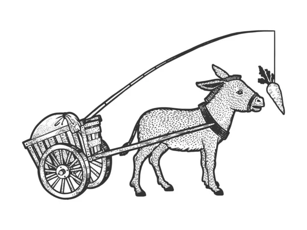 Donkey chasing carrot that is tied to him and drags cart with load sketch engraving vector illustration t