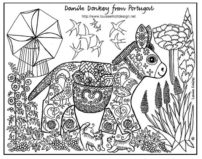 Coloring page of a nice donkey in his environnement from the gallery zen coloring pages pattern coloring pages animal coloring pages