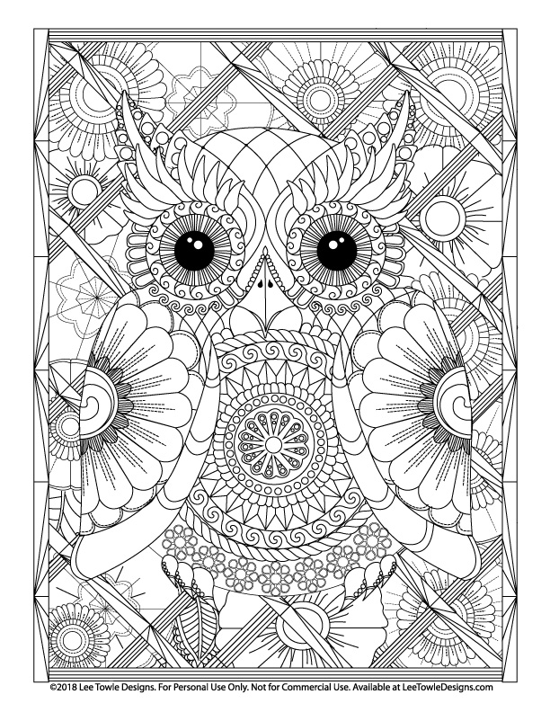 Fun zen owl advanced coloring page for adults