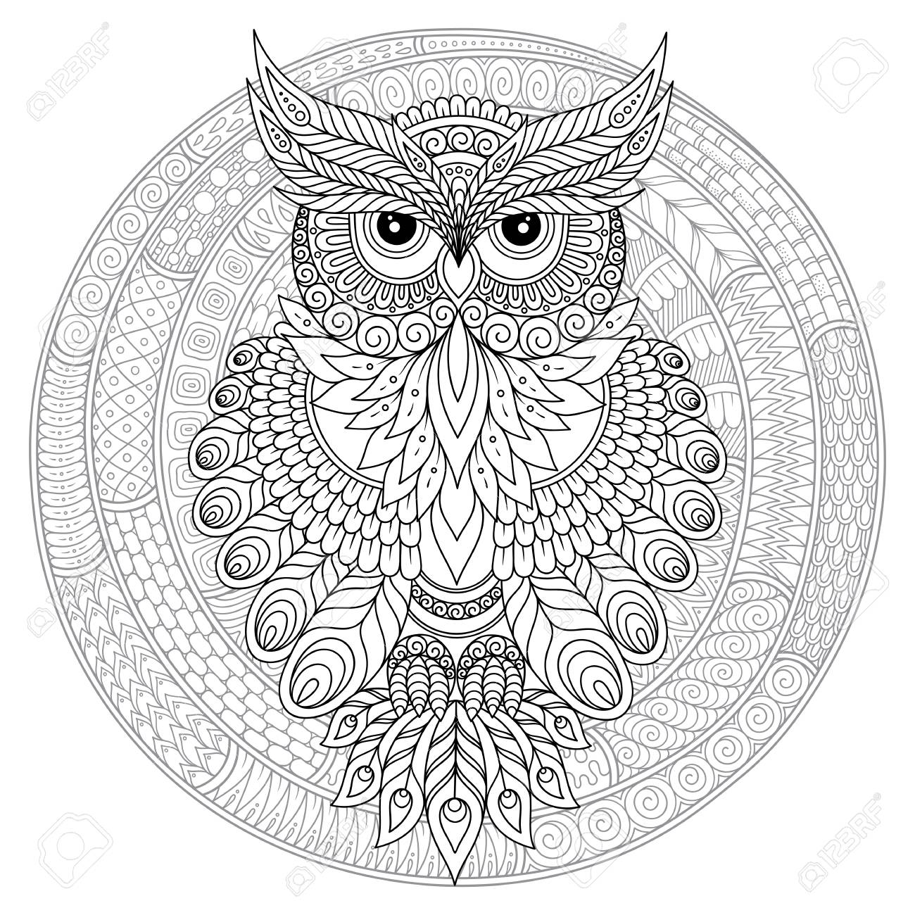 Decorative cartoon owl in style page for adult coloring bookhand drawn vector illustration isolated on white royalty free svg cliparts vectors and stock illustration image