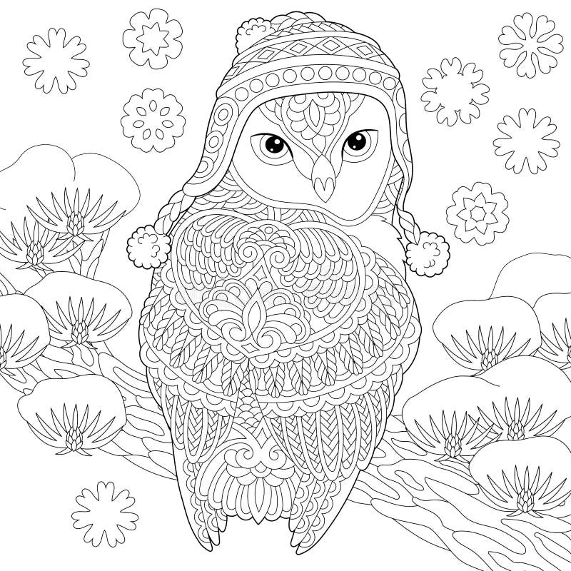 Coloring page with winter owl stock vector