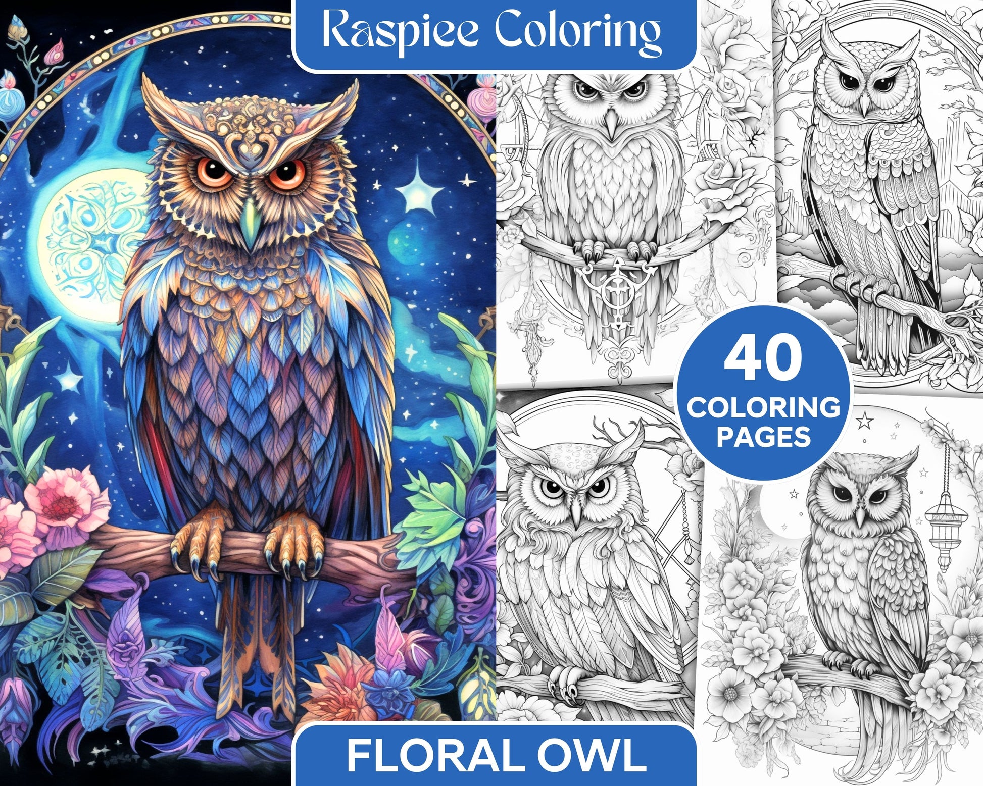 Floral owl grayscale printable coloring pages for adults pdf file â coloring