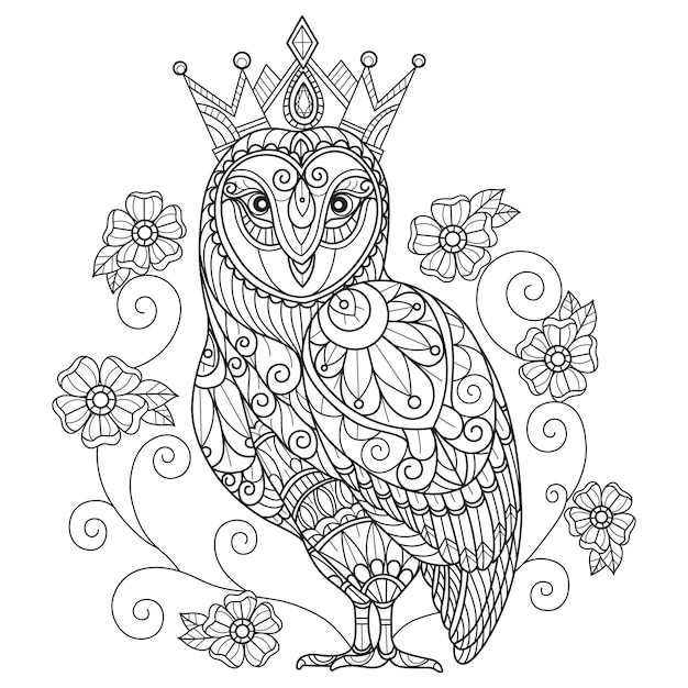 Premium vector owl and crown hand drawn for adult coloring book