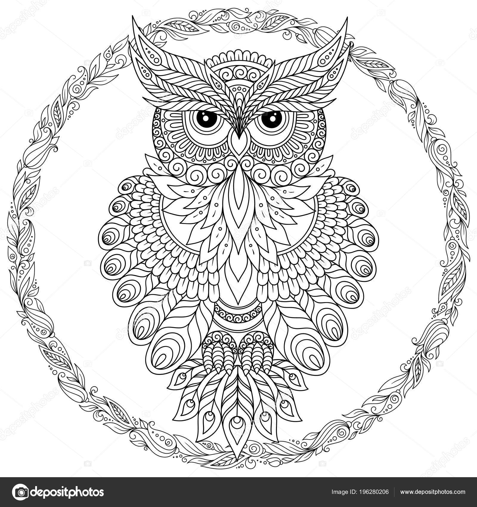 Decorative cartoon owl zentangle style page adult coloring book hand stock vector by karpenyuk