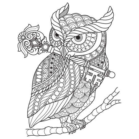 Owl with key hand drawn sketch illustration for adult coloring book