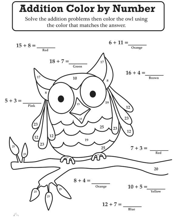 Color by number addition owl download now