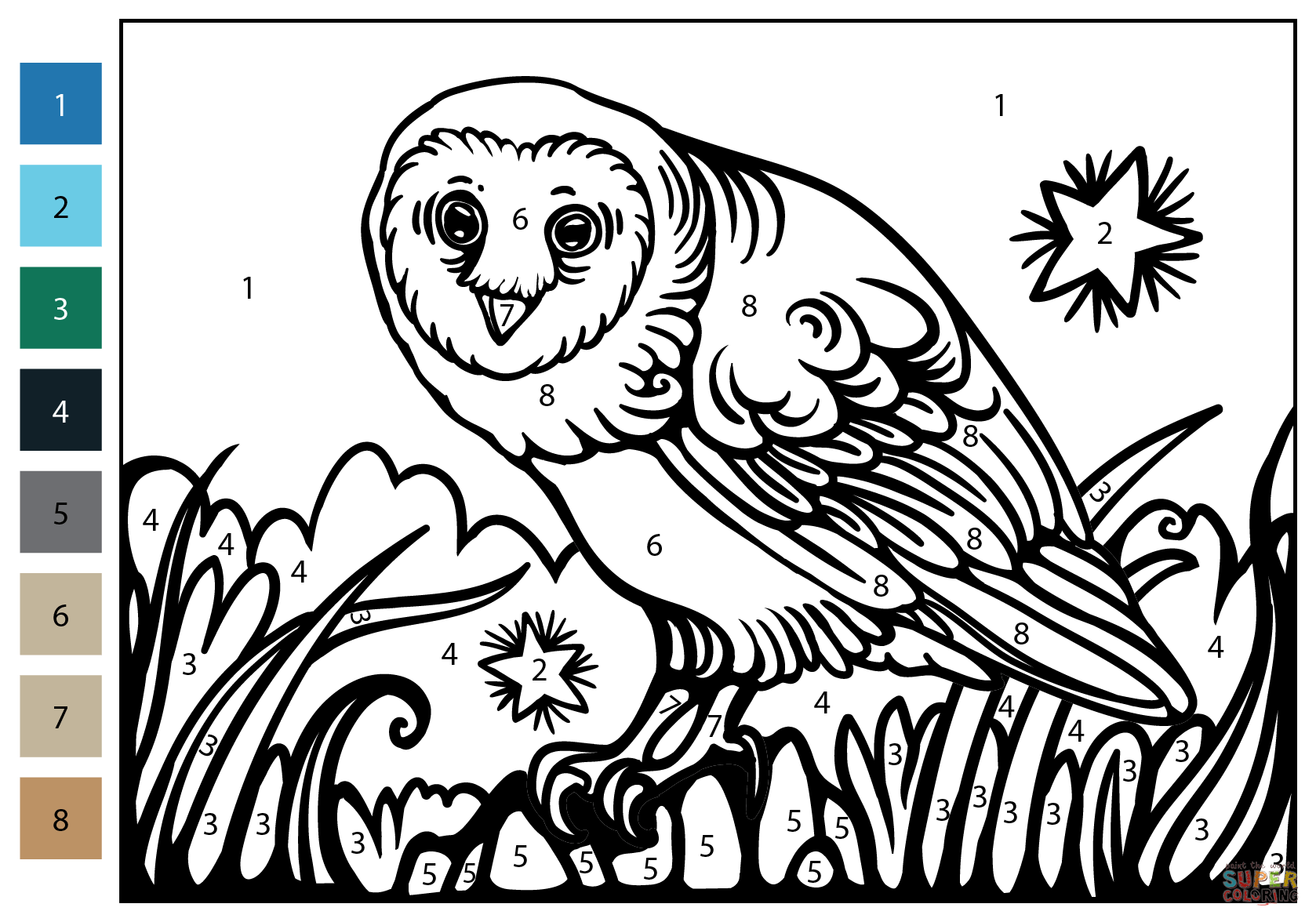 Owl color by number free printable coloring pages