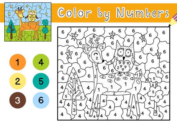 Kids color by number game easy level owl and deer