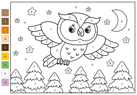 Owl color by number free printable coloring pages