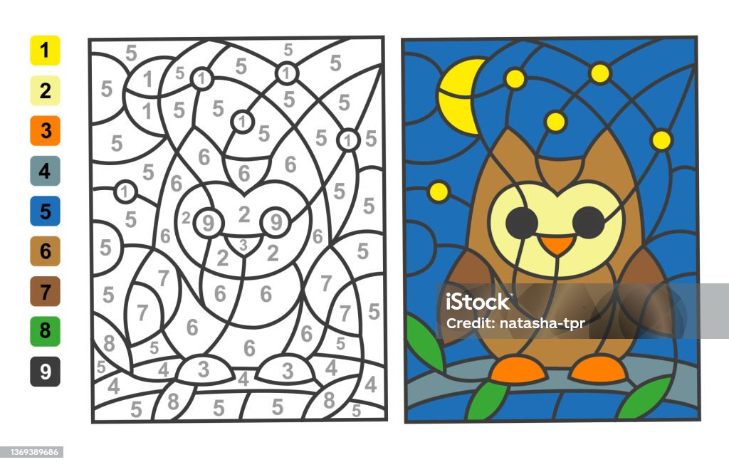 Simple level vector coloring wild animal bird owl color by numbers puzzle game for children education stock illustration